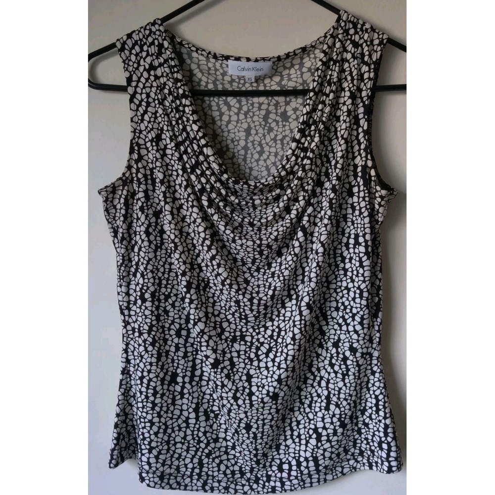 Calvin Klein‎ Women's XS Sleeveless Blouse Cowl Neck Black/White Abstract Print